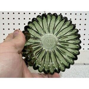 Vintage Hazel Atlas 60s Retro MCM Green Glass Ashtray/Trinket Sunflower 5.5" EUC